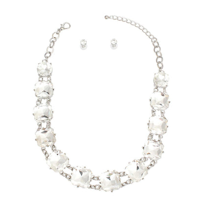 Dazzling Crystal-Adorned Chunky Link Silver Collar Necklace Set