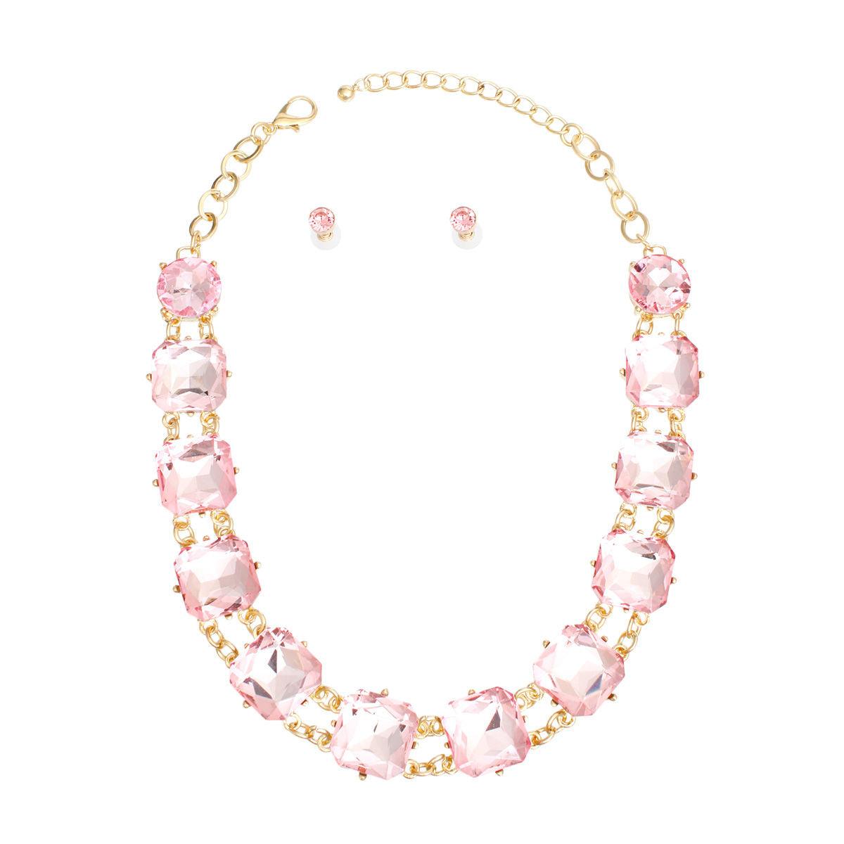 Dazzling Light Pink Crystal-Adorned Chunky Link Collar Necklace Set