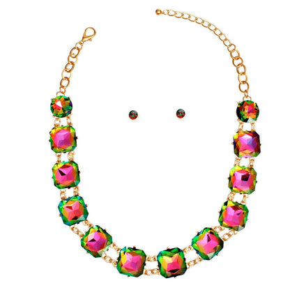 Dazzling Pink Green Crystal-Adorned Chunky Link Collar Necklace Set