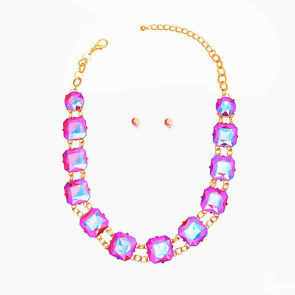 Dazzling Purple Pink Crystal-Adorned Chunky Link Collar Necklace Set