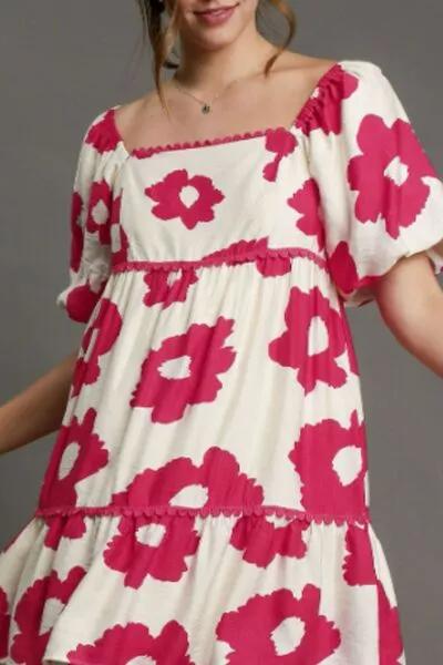 Contrast Floral Short Sleeve Deep Rose Mini Dress