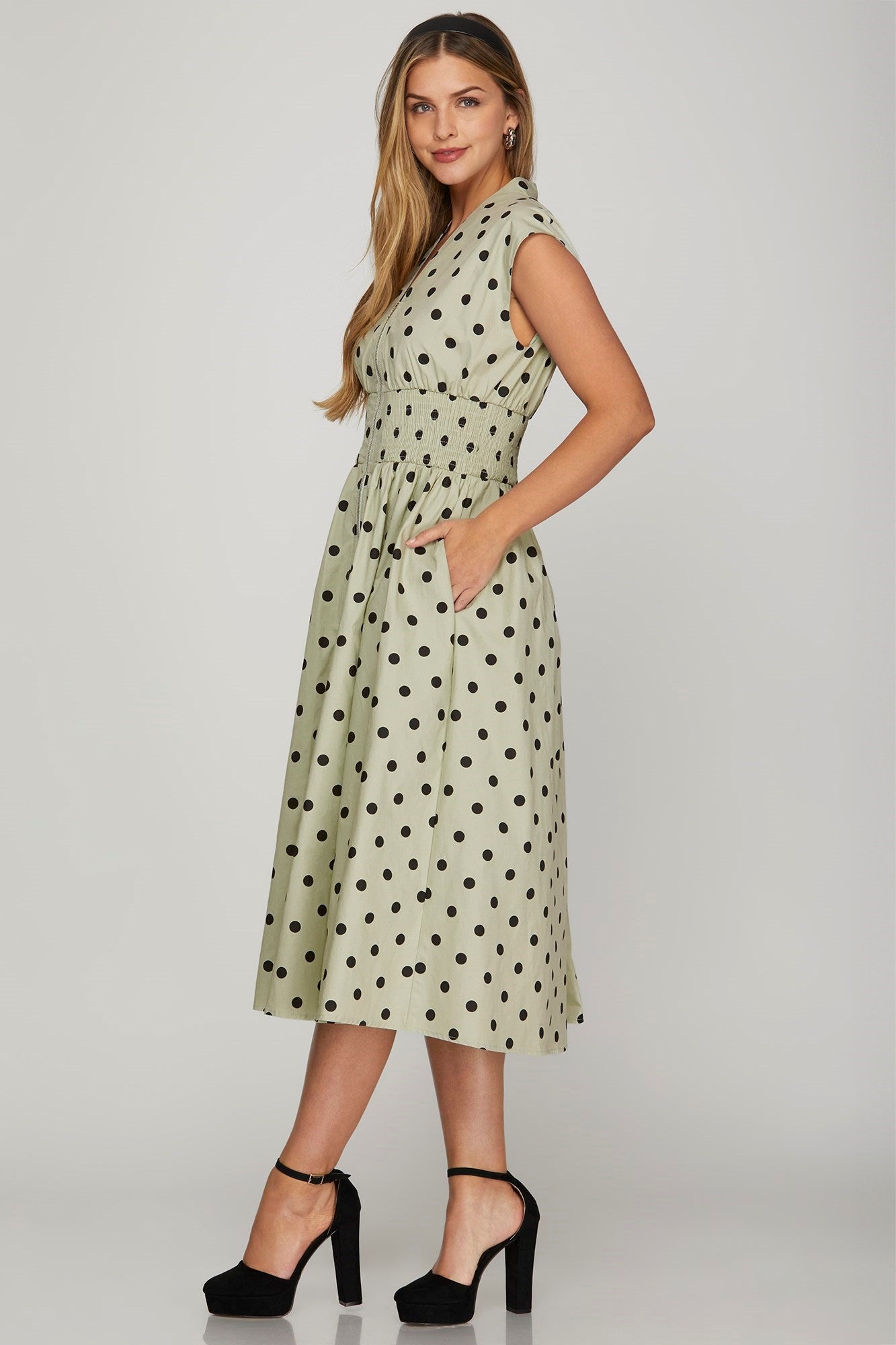 Polka Dot Cap Sleeve Midi Dress - Stylish & Versatile in Sage Trendsi