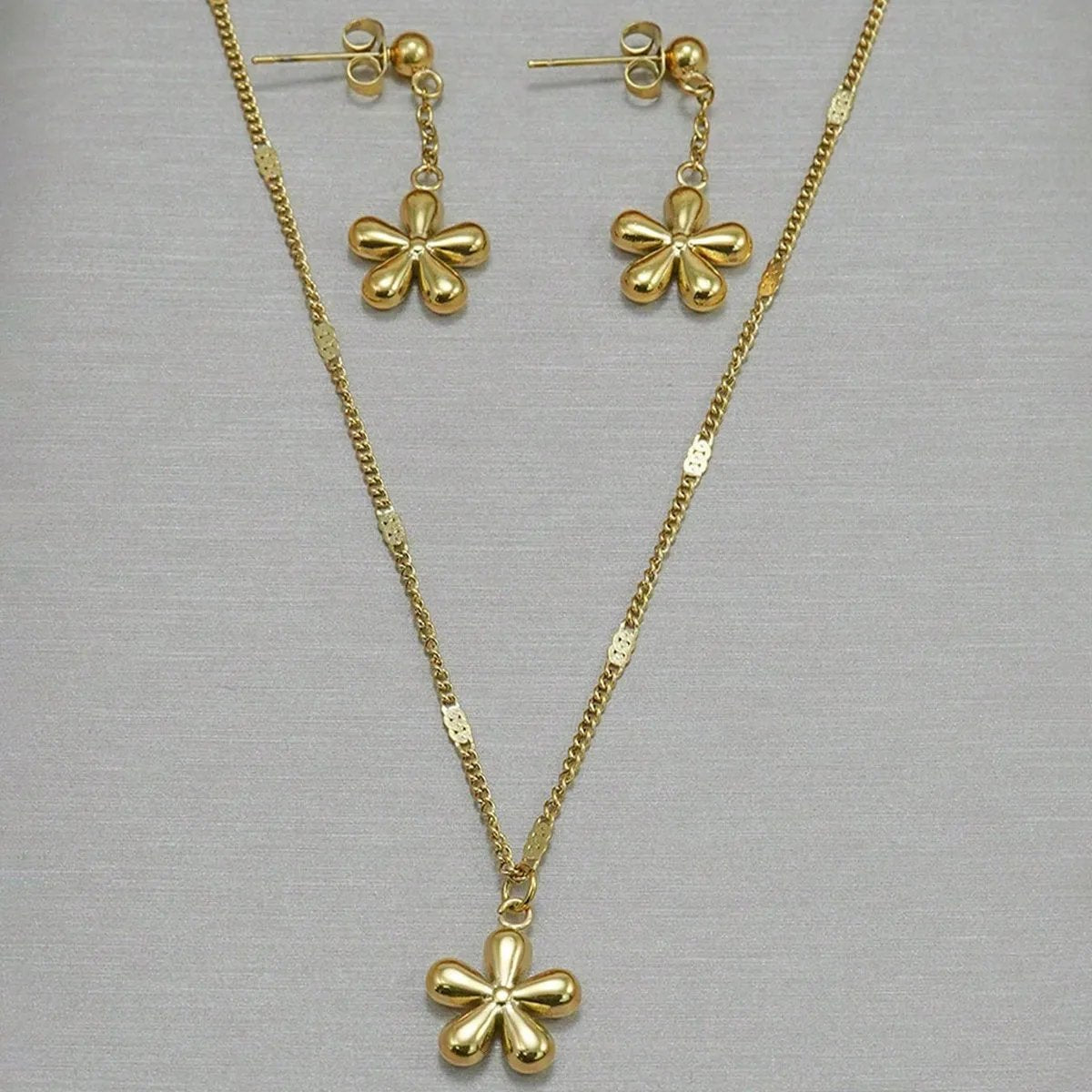 Flower Necklace Earrings Set – Polished Stainless Steel, Nickel Free, Mirror Finish Jewelry