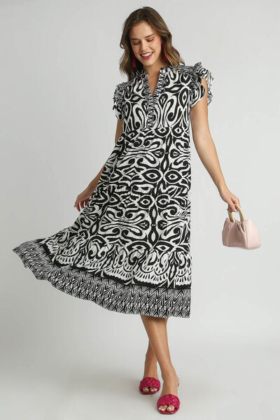 Two Tone Border Print Ruffle Cap Sleeve Midi Dress Trendsi