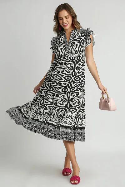 Two Tone Border Print Ruffle Cap Sleeve Midi Dress