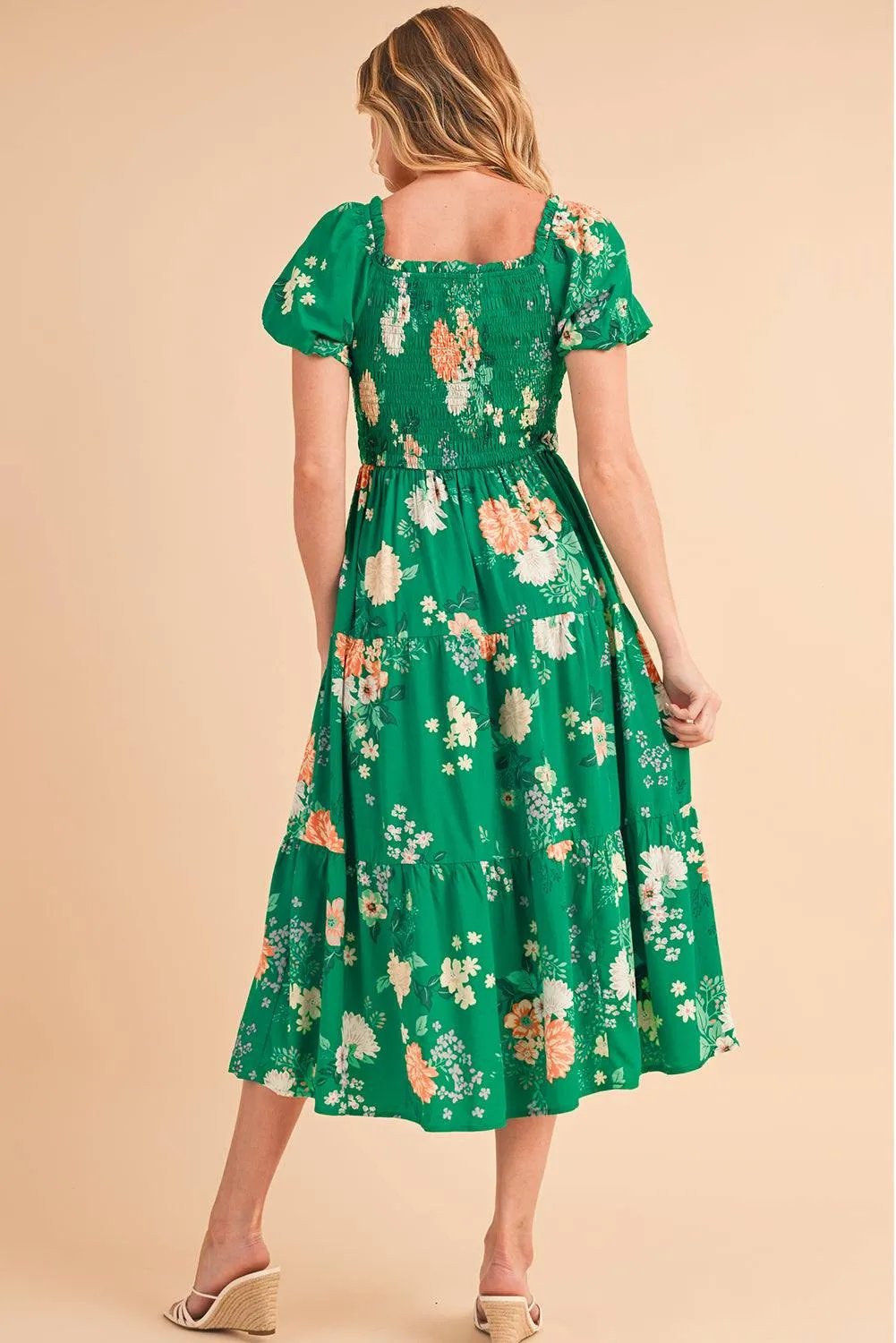 Green Floral Print Smocked Tiered Midi Dress with Bubble Sleeves – 100% Viscose