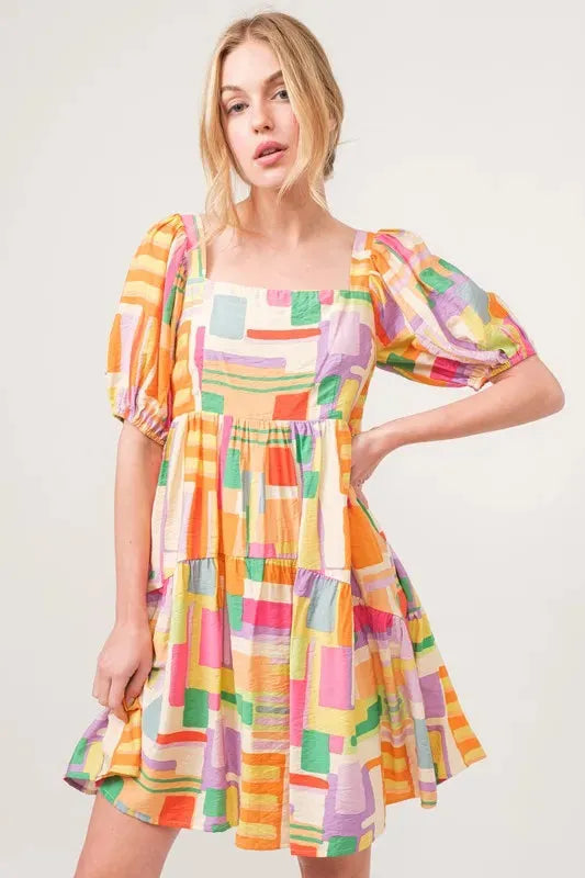 Square Neck Puff Sleeve Geo Printed Mini Dress – Bold, Modern Statement Style