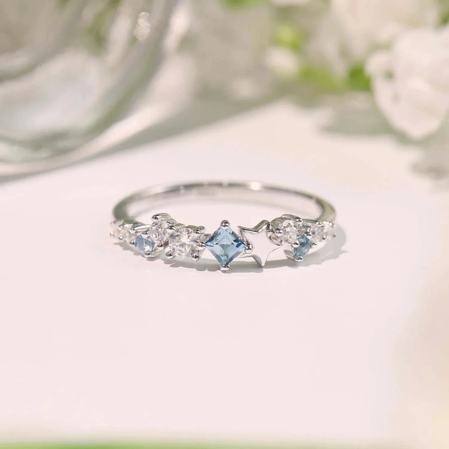 Celestial Star Inlaid Zircon Ring in Sterling Silver