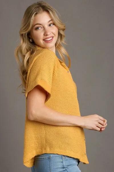 Waffle-Knit Short Sleeve Button Down Shirt