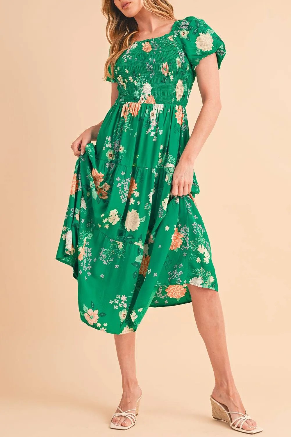 Green Floral Print Smocked Tiered Midi Dress with Bubble Sleeves – 100% Viscose