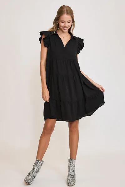 Shop the Stylish Collar Ruffle Cap Sleeve Tiered Black Dress for Any Occasion
