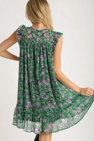 Smocked Detail Floral Metallic Ruffle Cap Sleeve Dress