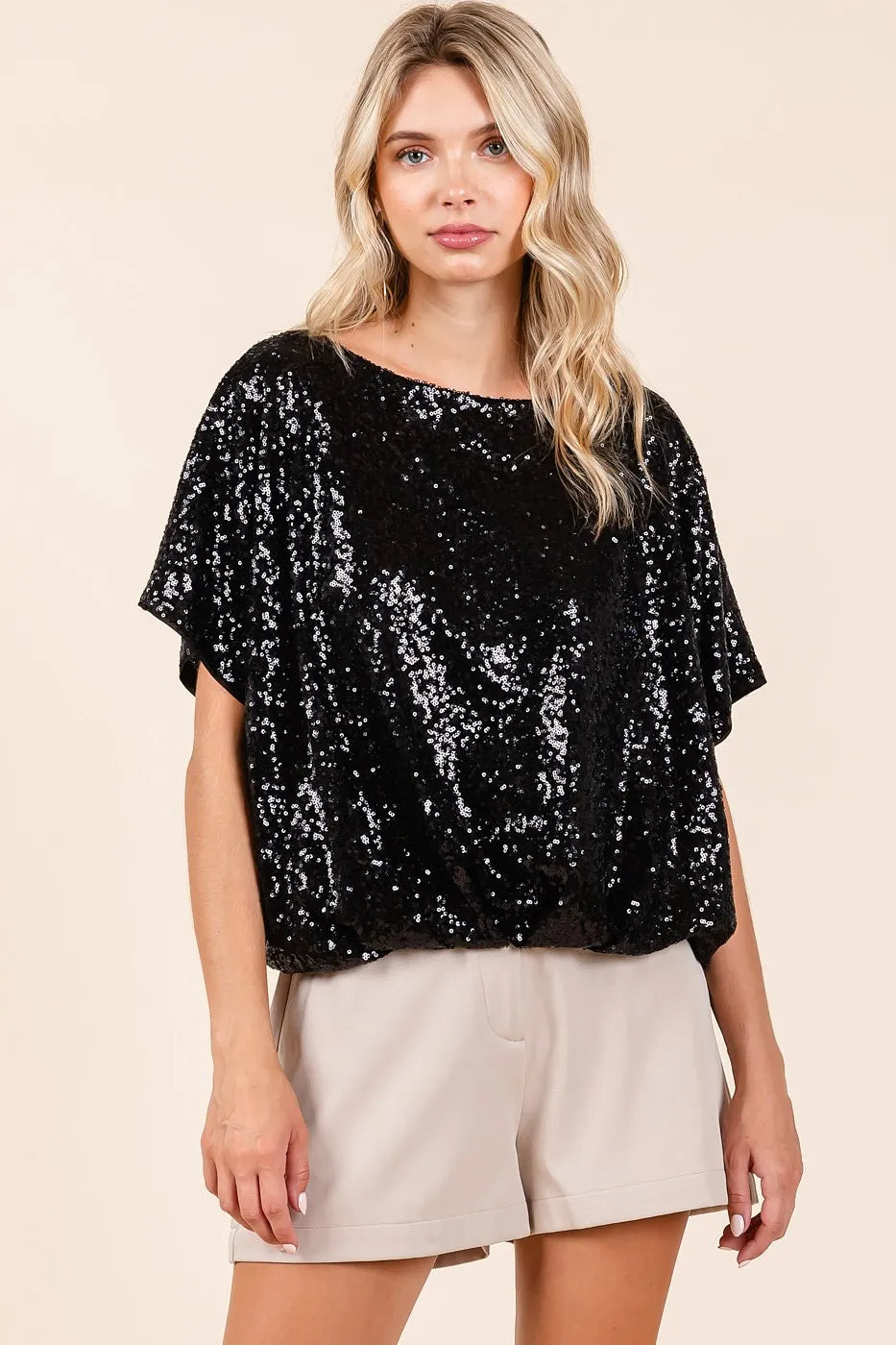 Sequin Short Sleeve Top with Elastic Band Hem – Sparkling Glamour Black Blouse Jewelry Bubble