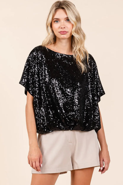Sequin Short Sleeve Top with Elastic Band Hem – Sparkling Glamour Black Blouse Jewelry Bubble