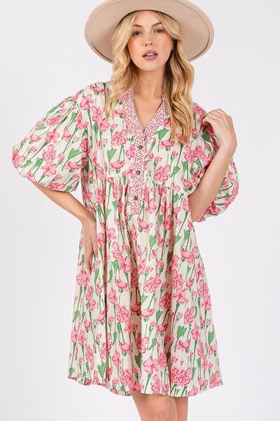 Floral Half Button Notched Puff Sleeve Pink Dress - Shop This Stylish Look Today Trendsi