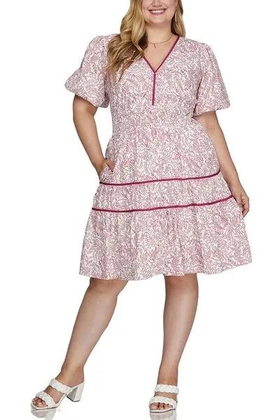 Printed V-Neck Puff Sleeve Tiered Dress