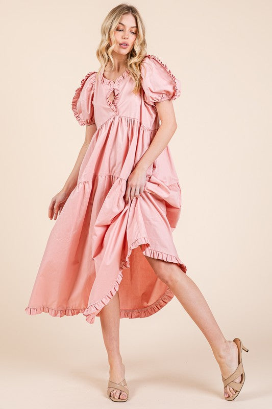 GeeGee Ruffle Trim Puff Sleeve Tiered Babydoll Midi Dress Trendsi