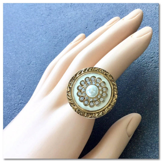 Dramatic button medallion style studded cocktail ring