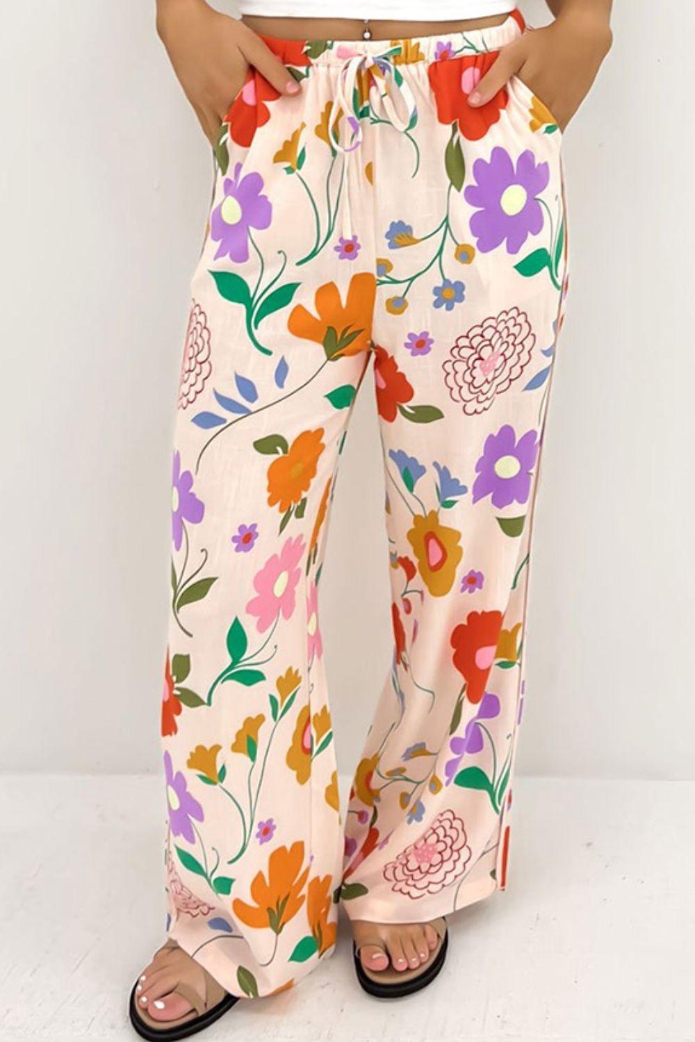 Drawstring Printed Pants with Pockets for Women
