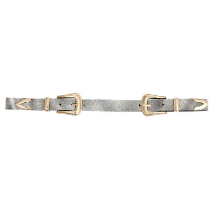 Dress in Style: Clear Rhinestones Gold Double Buckle Ladies Belt