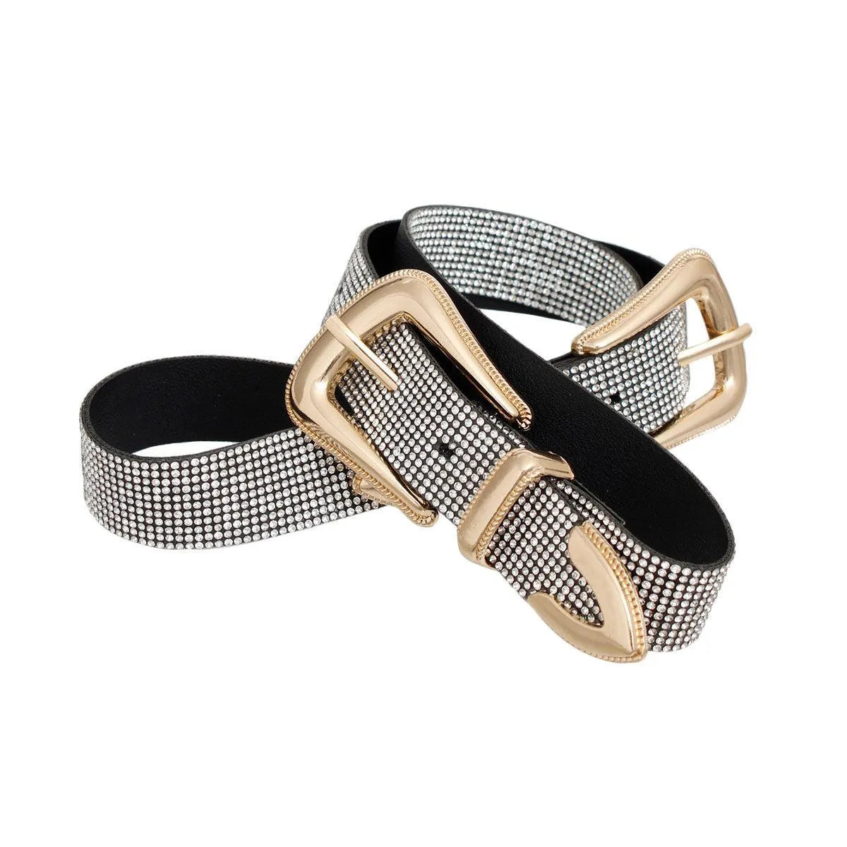 Dress in Style: Clear Rhinestones Gold Double Buckle Ladies Belt