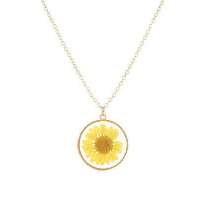 Dried Yellow Daisy Flower Pendant Gold Tone Necklace