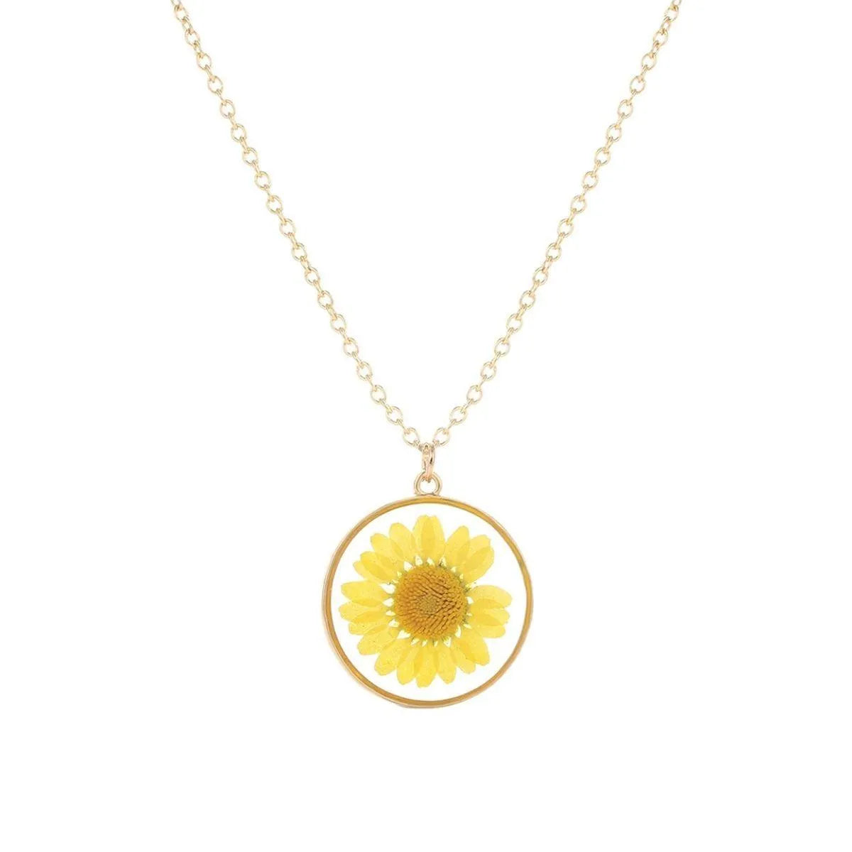 Dried Yellow Daisy Flower Pendant Gold Tone Necklace