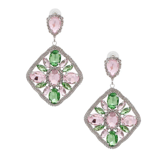 Drop Diamond Shaped Statement Earrings Light Pink/Green