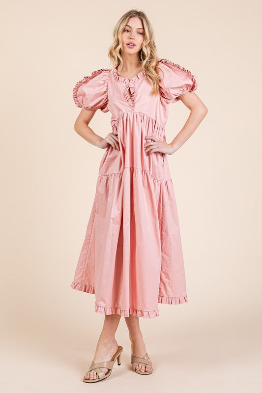 GeeGee Ruffle Trim Puff Sleeve Tiered Babydoll Midi Dress Trendsi