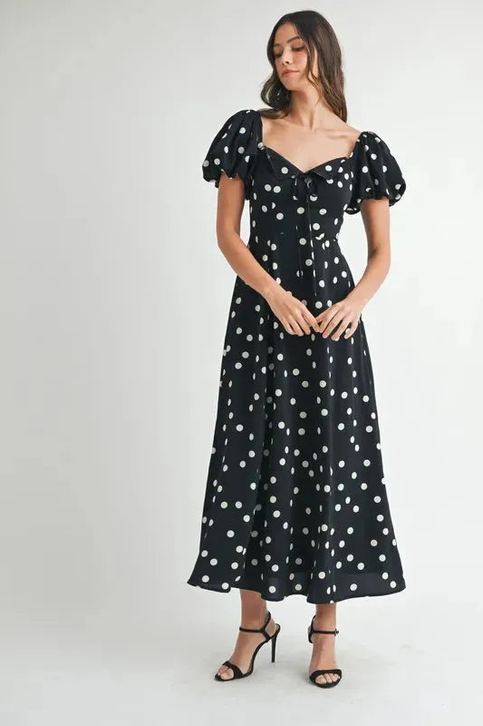 Polka Dot Puff Sleeve Midi Dress: Timeless Elegance for Any Occasion in Black