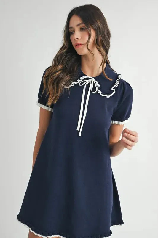 Ruffle Trimmed Collar Fine Knit Mini Dress – Sophisticated & Chic