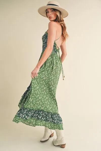 Green Ditsy Floral Ruffled Hem Maxi Cami Dress