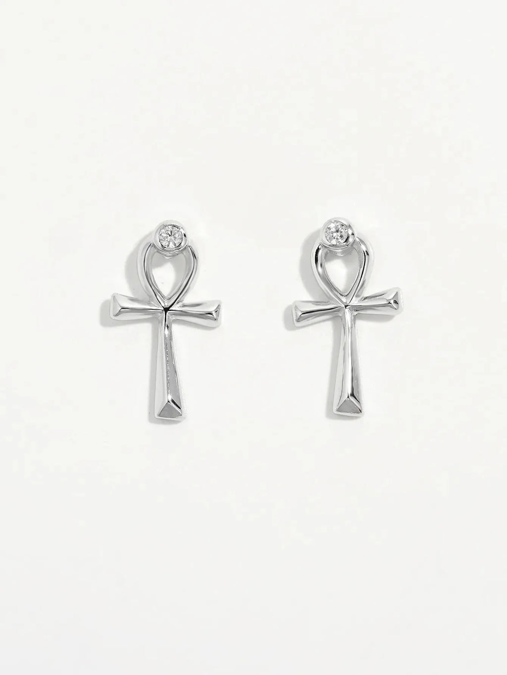 Jewelry Bubble Platinum-Plated S925 Sterling Silver Ankh Stud Earrings with Zircon Accent