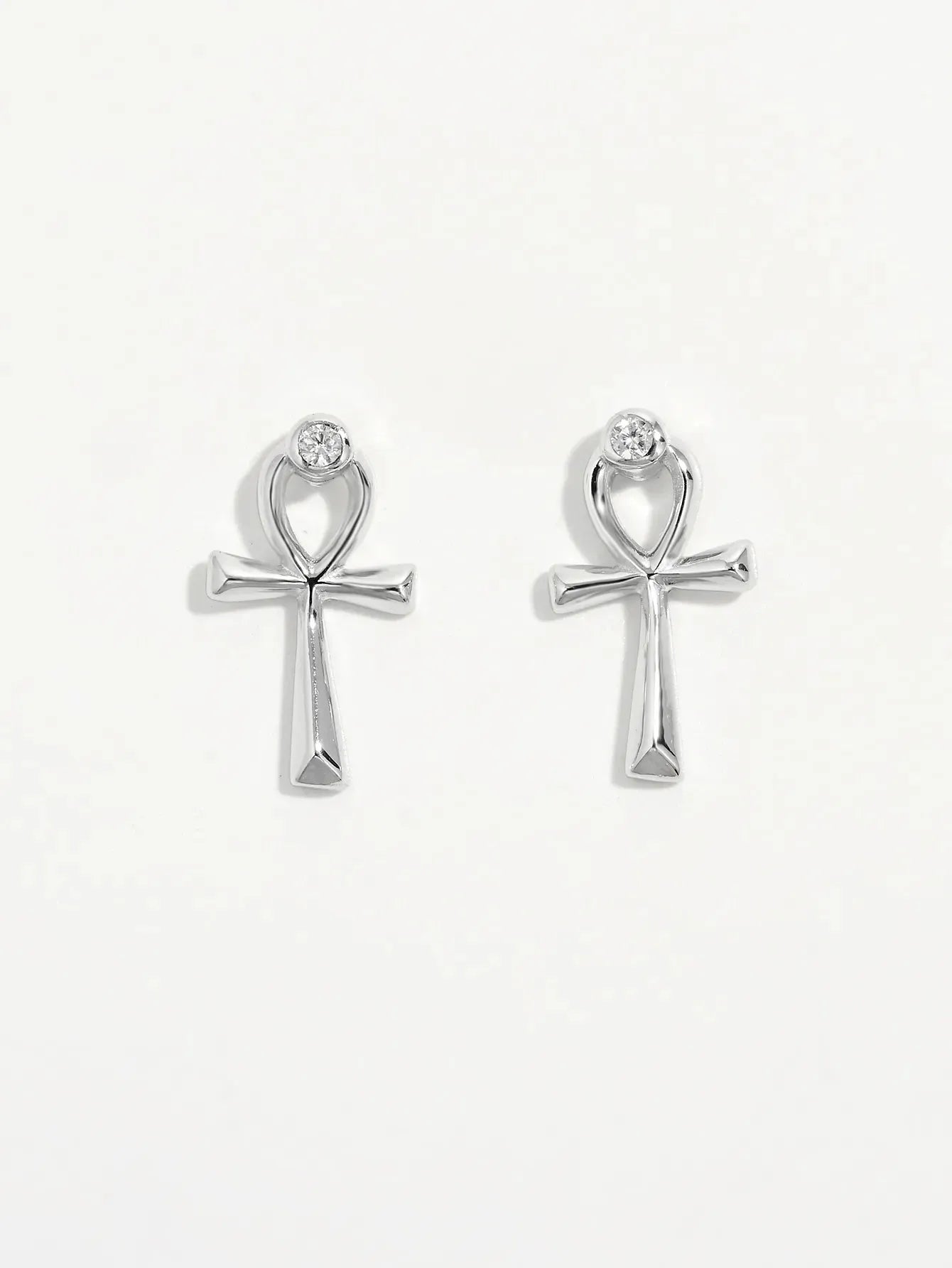 Jewelry Bubble Platinum-Plated S925 Sterling Silver Ankh Stud Earrings with Zircon Accent