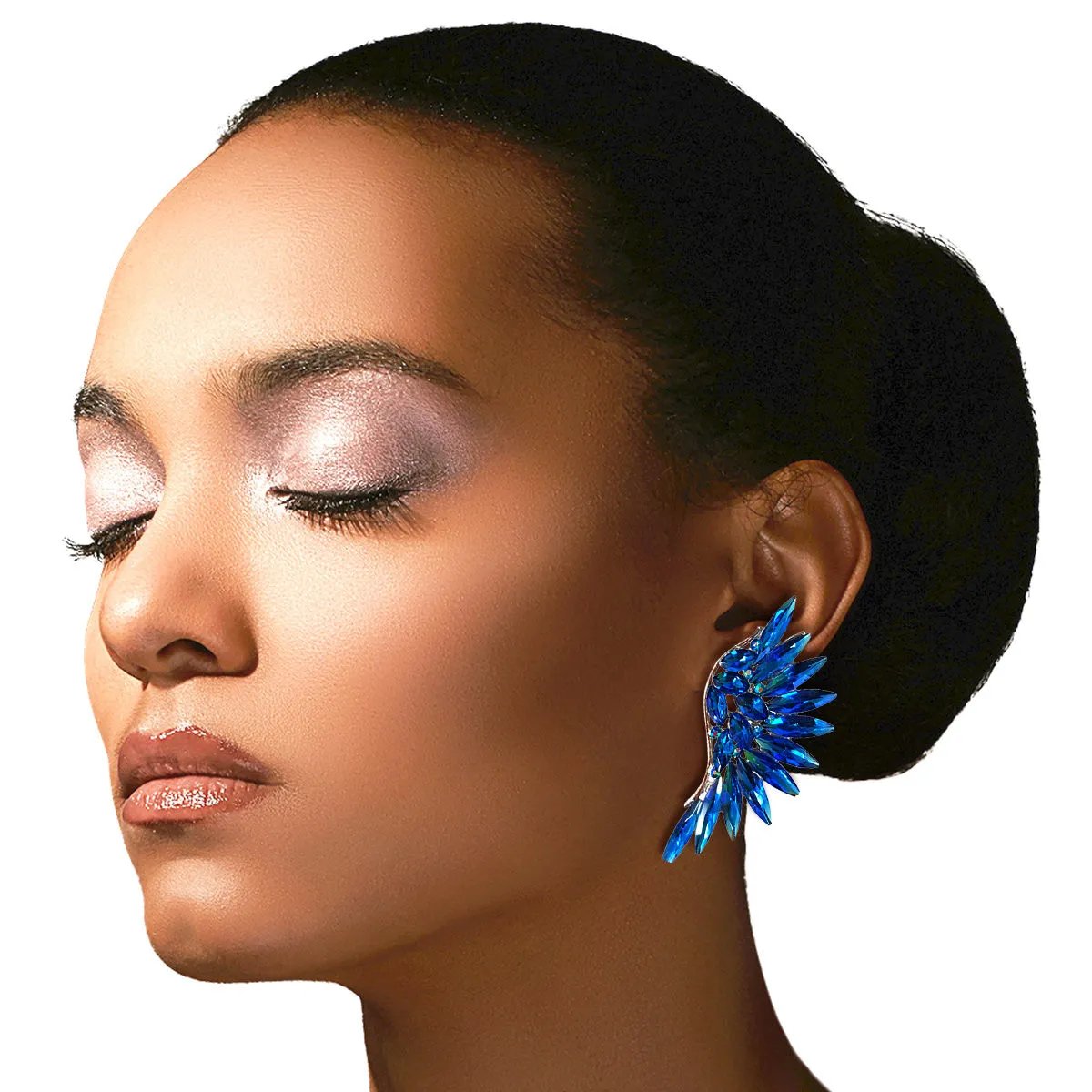 Royal Blue Rhinestone Wing Shaped Clip On Earrings in Silver Metal - Bold Statement Jewelry