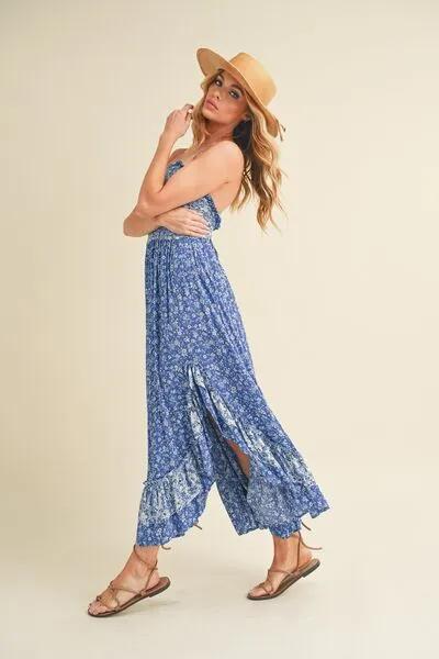 Blue Ditsy Floral Ruffled Hem Maxi Cami Dress