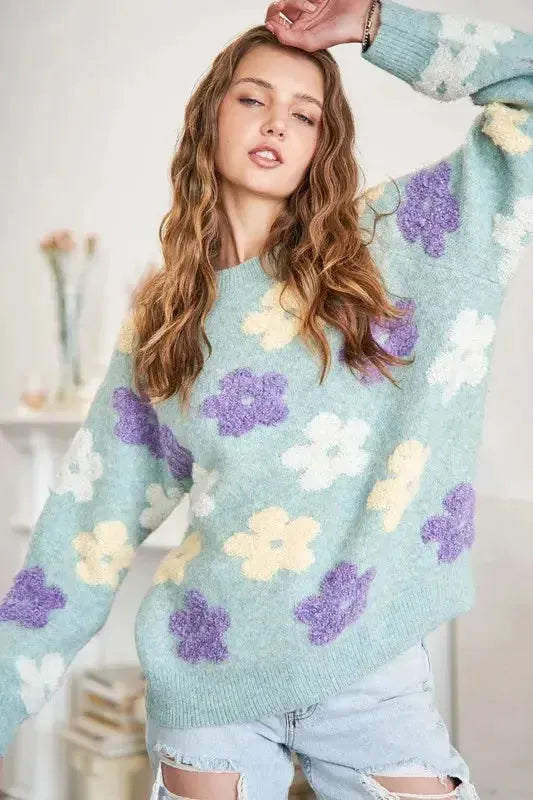 Floral 2-Tone Sweater: Chic Knitwear for Effortless Style and Versatility