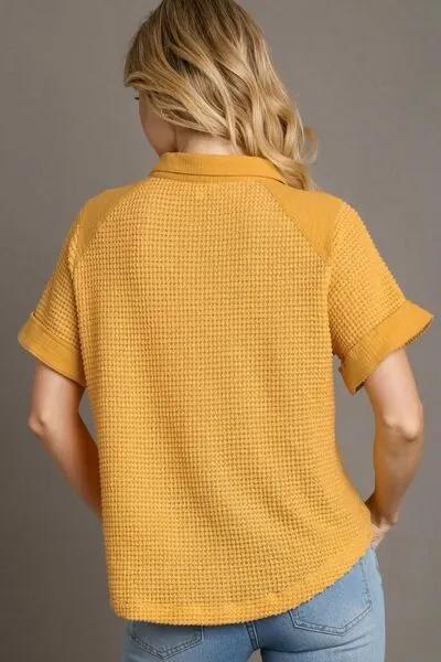 Waffle-Knit Short Sleeve Button Down Shirt