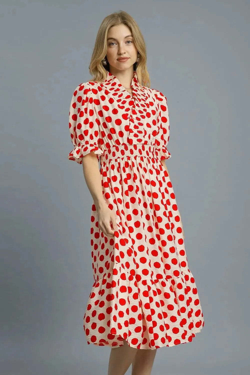 Umgee Polka Dot Ruffled Smocked Waist Midi Dress