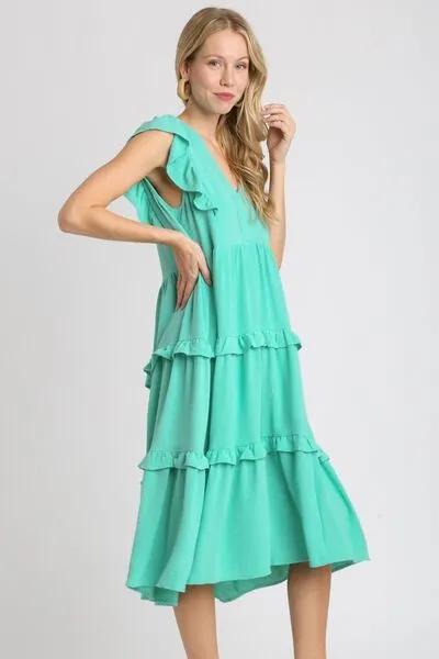 Ruffle Tiered Cap Sleeve Midi Dress