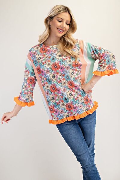 Ruffle Sleeve Floral Color Block Top Trendsi