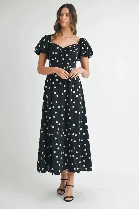 Polka Dot Puff Sleeve Midi Dress: Timeless Elegance for Any Occasion in Black
