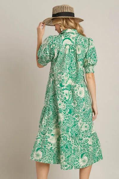 Printed Smocked Cuff Puff Sleeve Green Midi Dress - Stylish and Comfortable 2025 Look