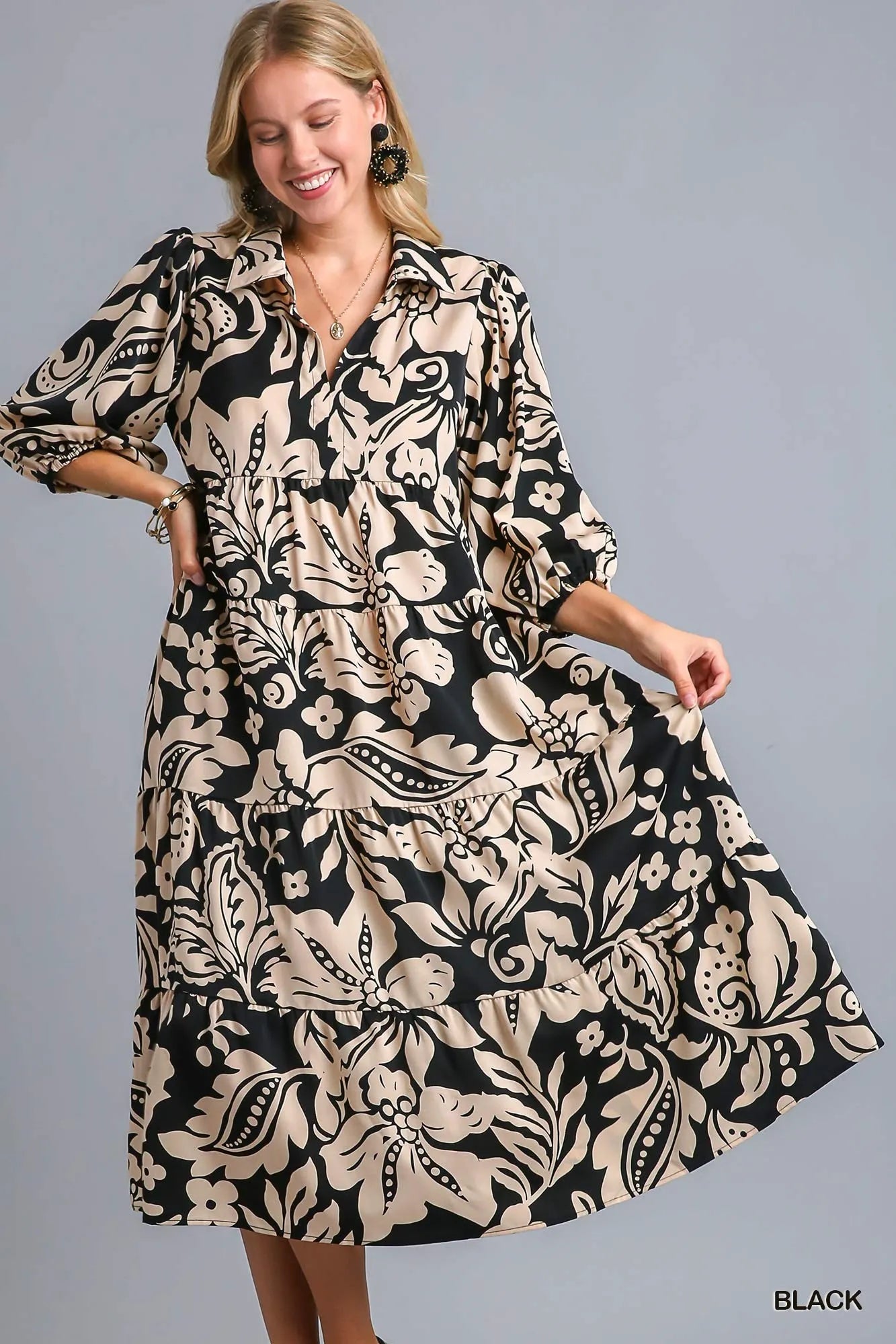 Umgee Floral Print Tiered Midi Dress