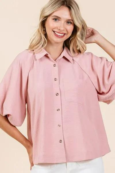Women's Button Down Pink Shirt with Bubble Sleeves for Everyday Elegance