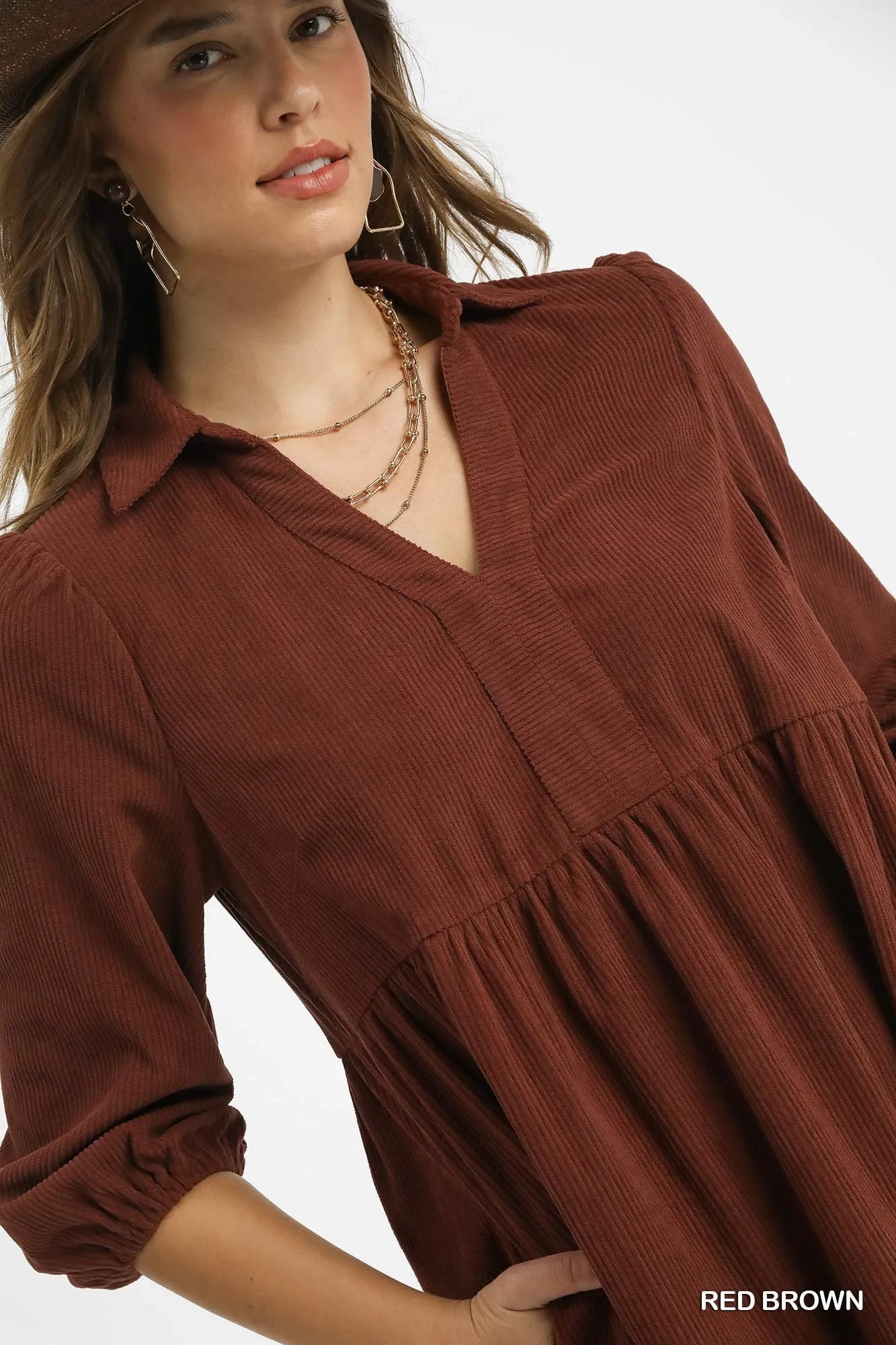 Umgee Tiered Corduroy Mini Dress with Balloon Sleeves