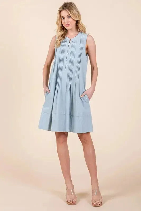 Denim Pintuck Detail Sleeveless Midi Dress with Pockets – Timeless & Versatile Style