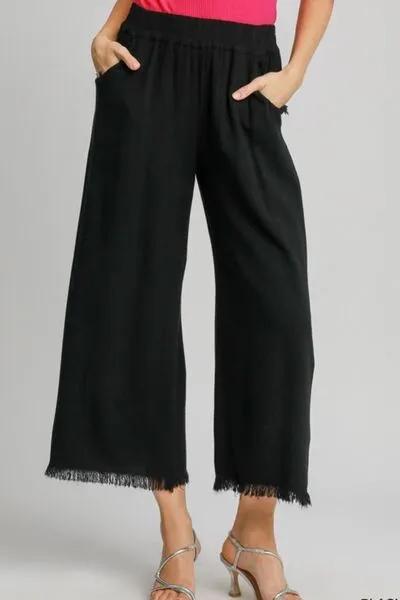 Linen Blend Elastic Waistband Wide Leg Black Pants