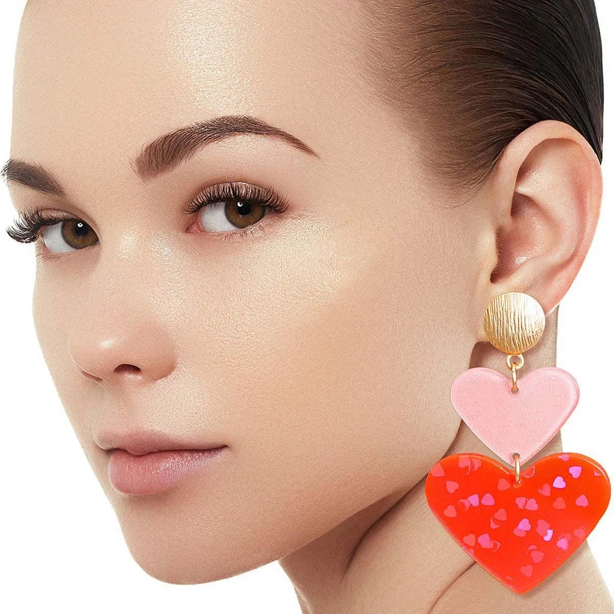 Earrings in Gold Tone with Pink Drop Hearts