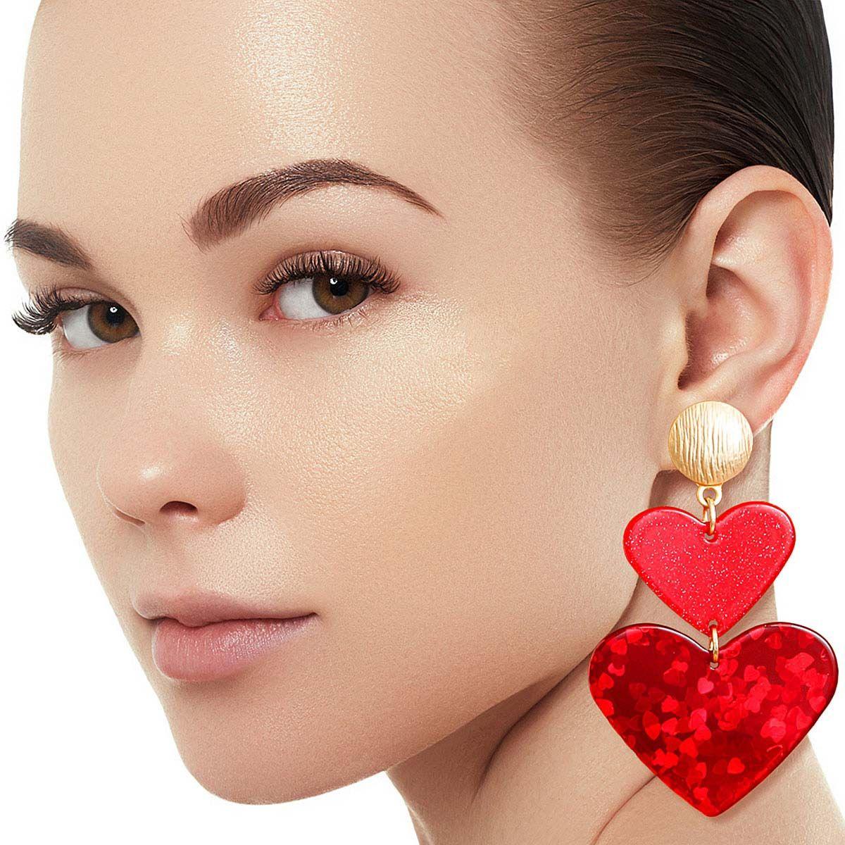 Earrings in Gold Tone with Red Drop Hearts